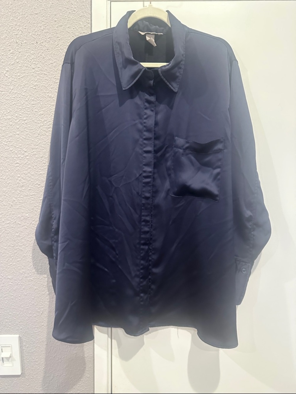 H&M Navy Blue Satin Button-down long sleeve blouse